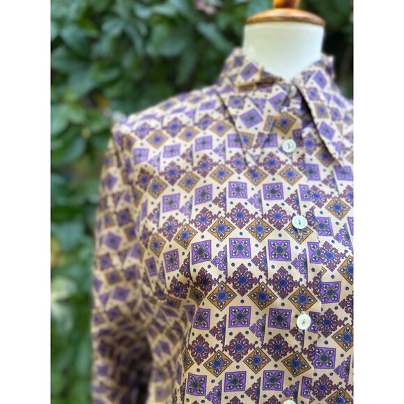 70s Dagger Collar Blouse All Over Purple Geometric Print Balloon Sleeve Custom - Picture 1 of 15